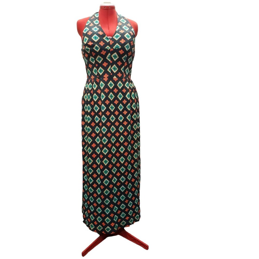 Vintage Halter Dress Medium Floral Print 70s Mob wife zip back Lisa Cobb Serbin